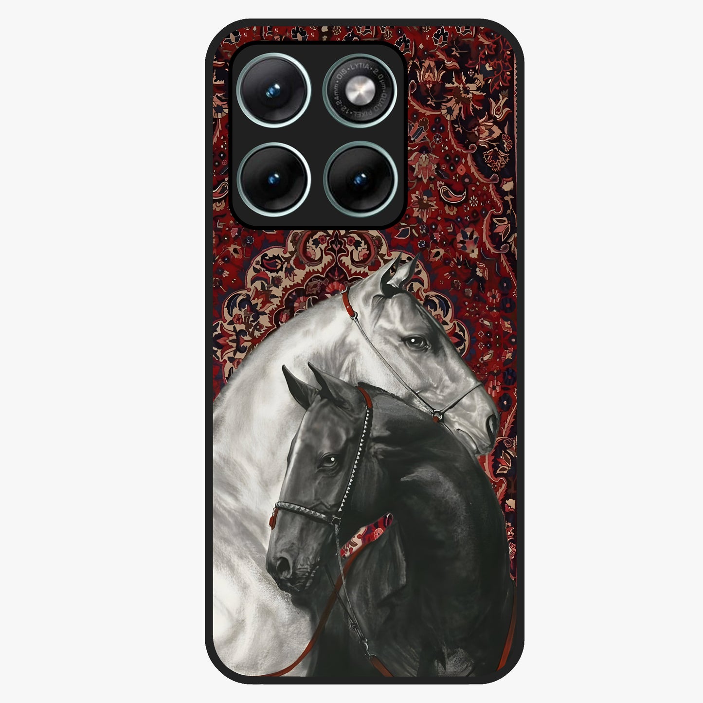 Regal Stallion Tapestry Glass Case showing flat back view with majestic horse tapestry artwork and glossy glass finish.