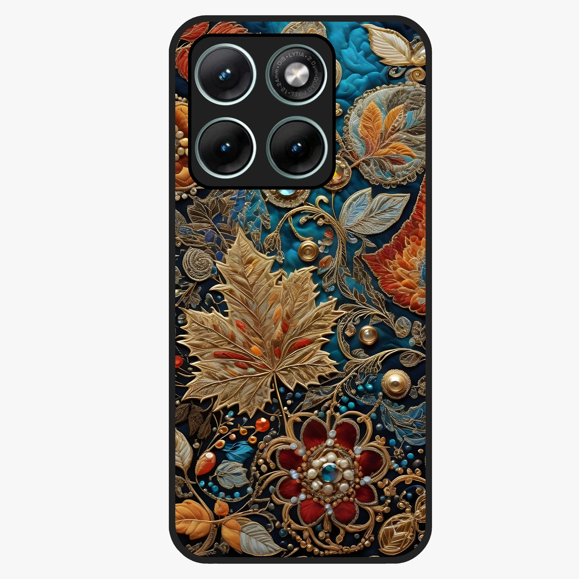Royal Jewel Garden Glass Case showing flat back view with decorative floral garden artwork and glossy glass finish.
