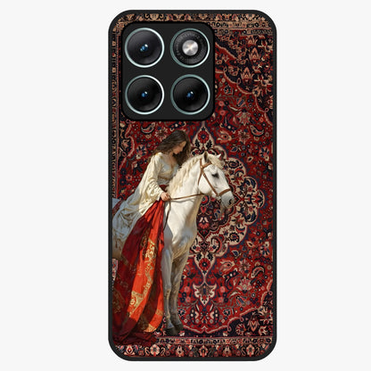 Royal Rider Tapestry Glass Case showing flat back view with majestic horse rider tapestry artwork and glossy glass finish.