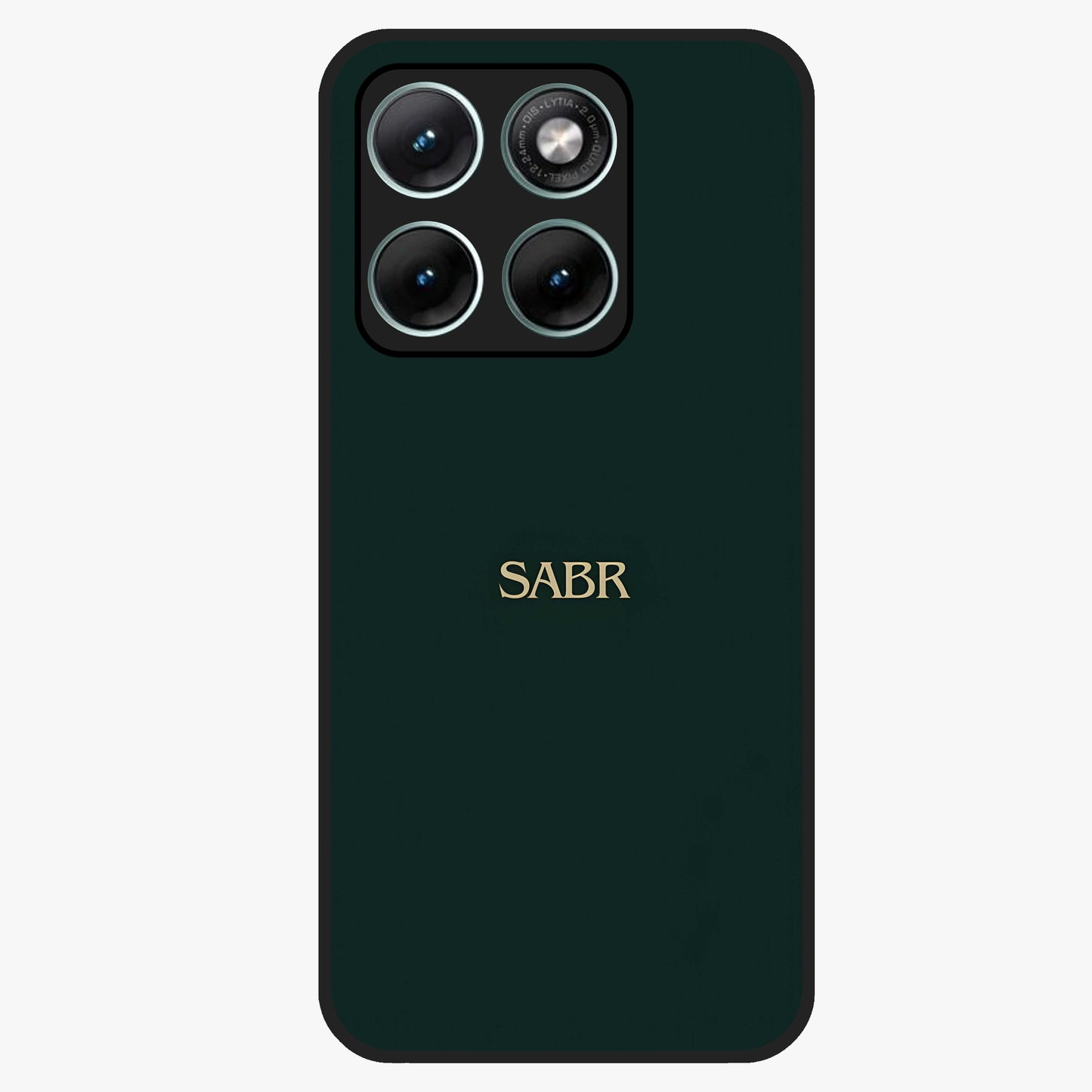 Sabr Minimal Patience Glass Case showing flat back view with minimalist typography artwork and glossy glass finish.