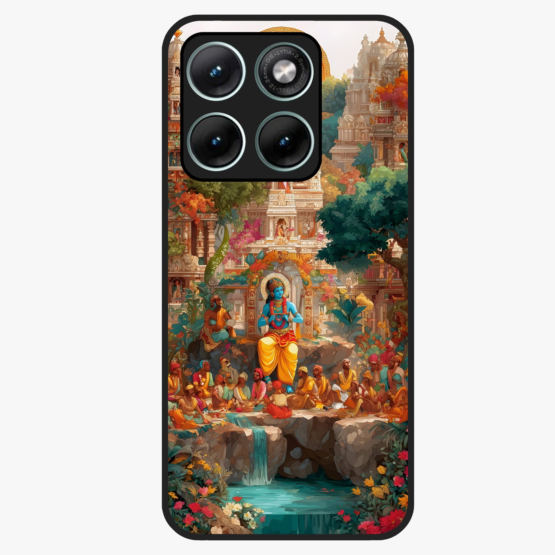 Sacred Sunlight Gods Glass Case showing flat back view with divine sunlight themed artwork and glossy glass finish.