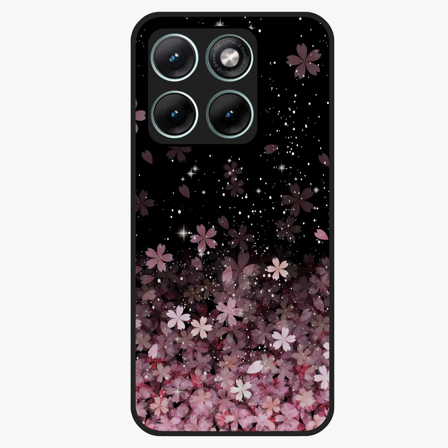 Small Starry Flowers Glass Case showing flat back view with delicate starry floral artwork and glossy glass finish.