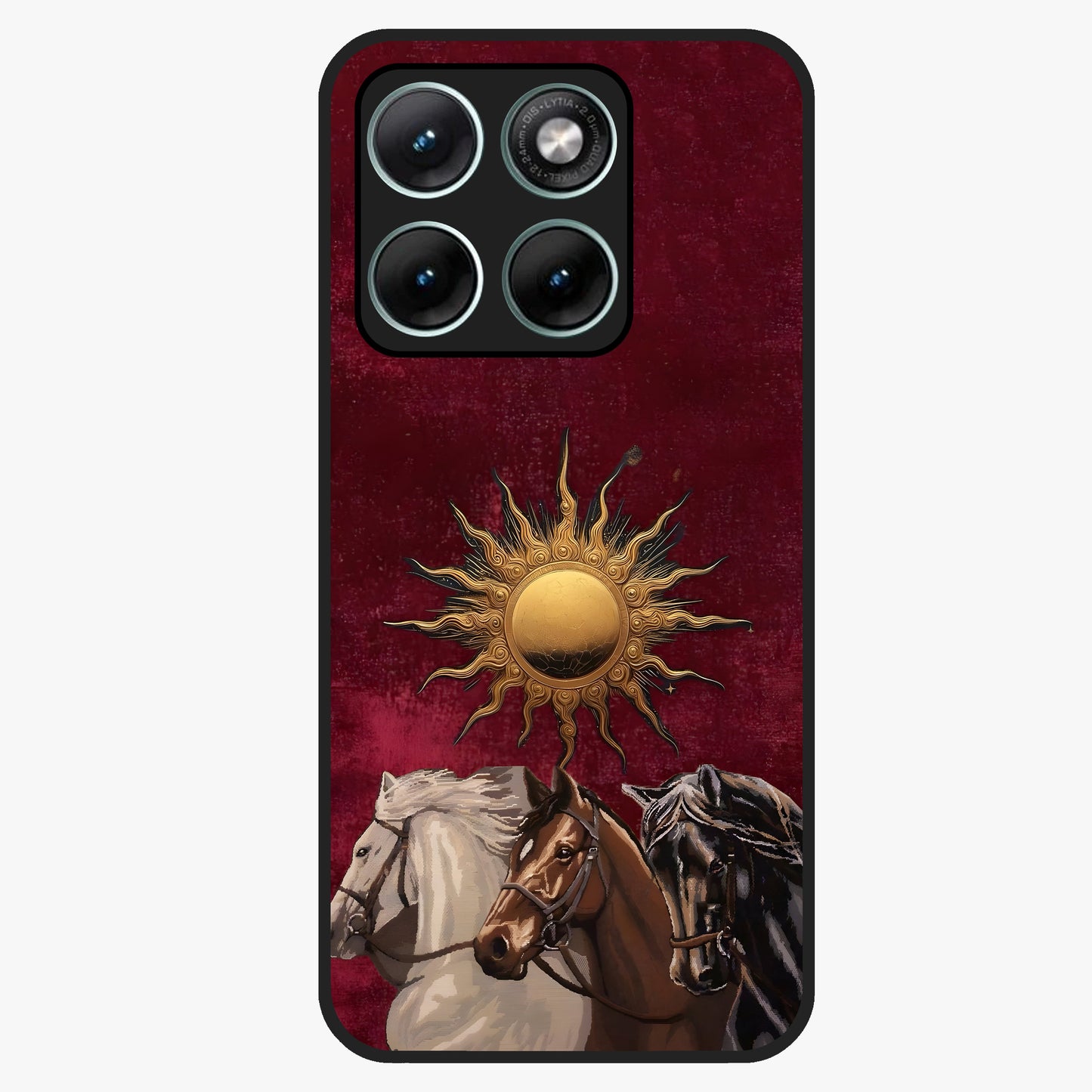 Solar Riders Glass Case showing flat back view with dynamic rider themed artwork and glossy glass finish.