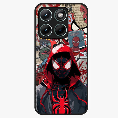 Spider Collage Street Glass Case showing flat back view with vibrant superhero collage artwork and glossy glass finish.