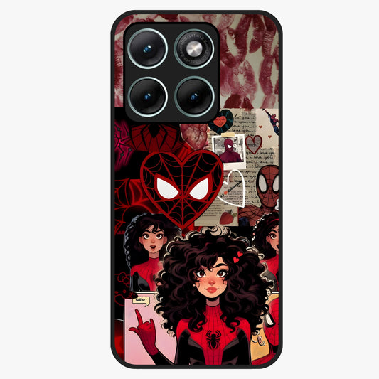 Spider Love Story Glass Case showing flat back view with romantic superhero themed artwork and glossy glass finish.