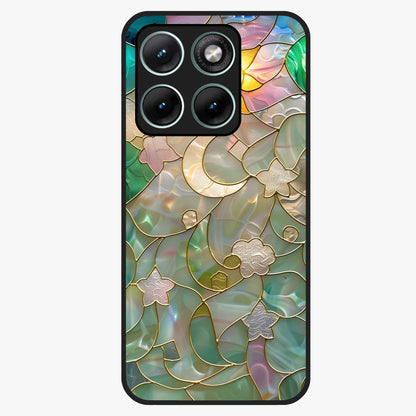 Stained Sunrise Glow Glass Case showing flat back view with glowing sunrise stained pattern artwork and glossy glass finish.