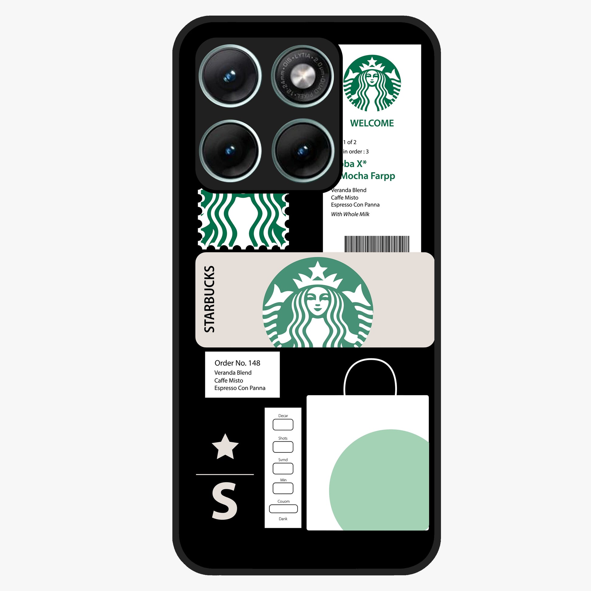 Starbucks Mocha Glass Case showing flat back view with coffee inspired artwork and glossy glass finish.