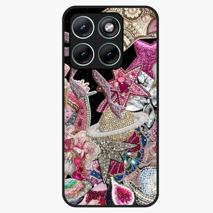 Starlit Jewel Dream Glass Case showing flat back view with sparkling jewel and star themed artwork and glossy glass finish.
