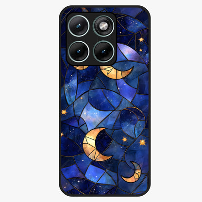 Starlit Sky Tapestry Glass Case showing flat back view with decorative starry sky tapestry artwork and glossy glass finish.