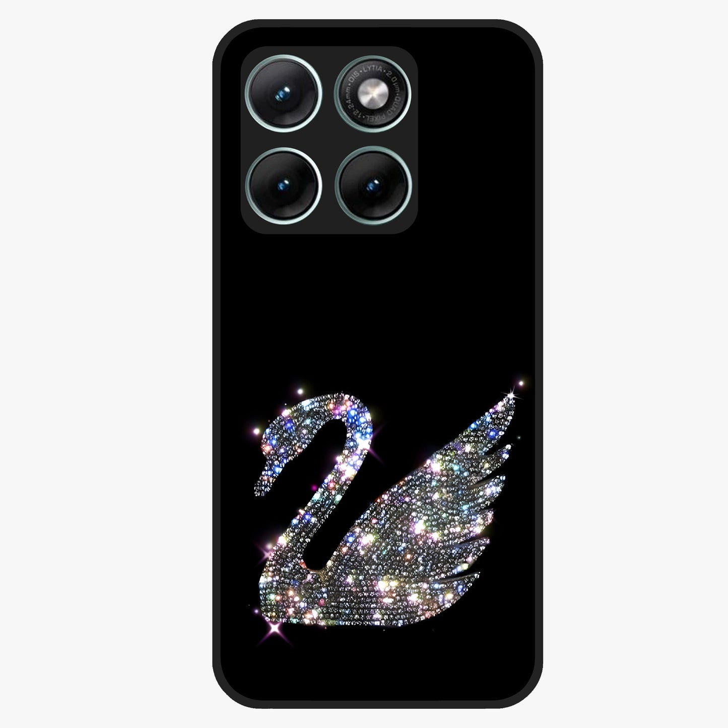 Starlit Swan Grace Glass Case showing flat back view with graceful swan artwork under starry sky and glossy glass finish.