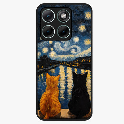 Starry River Cats Glass Case showing flat back view with cats by a starry river artwork and glossy glass finish.
