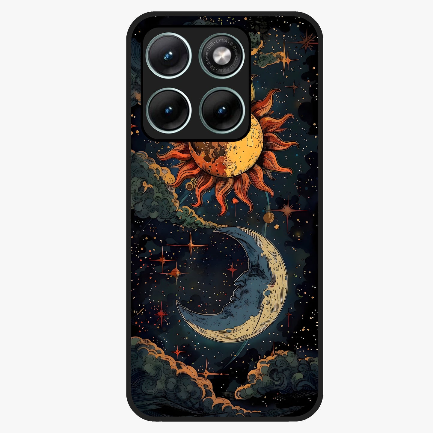 Sun And Moon Magic Design Glass Case showing flat back view with mystical sun and moon artwork and glossy glass finish.