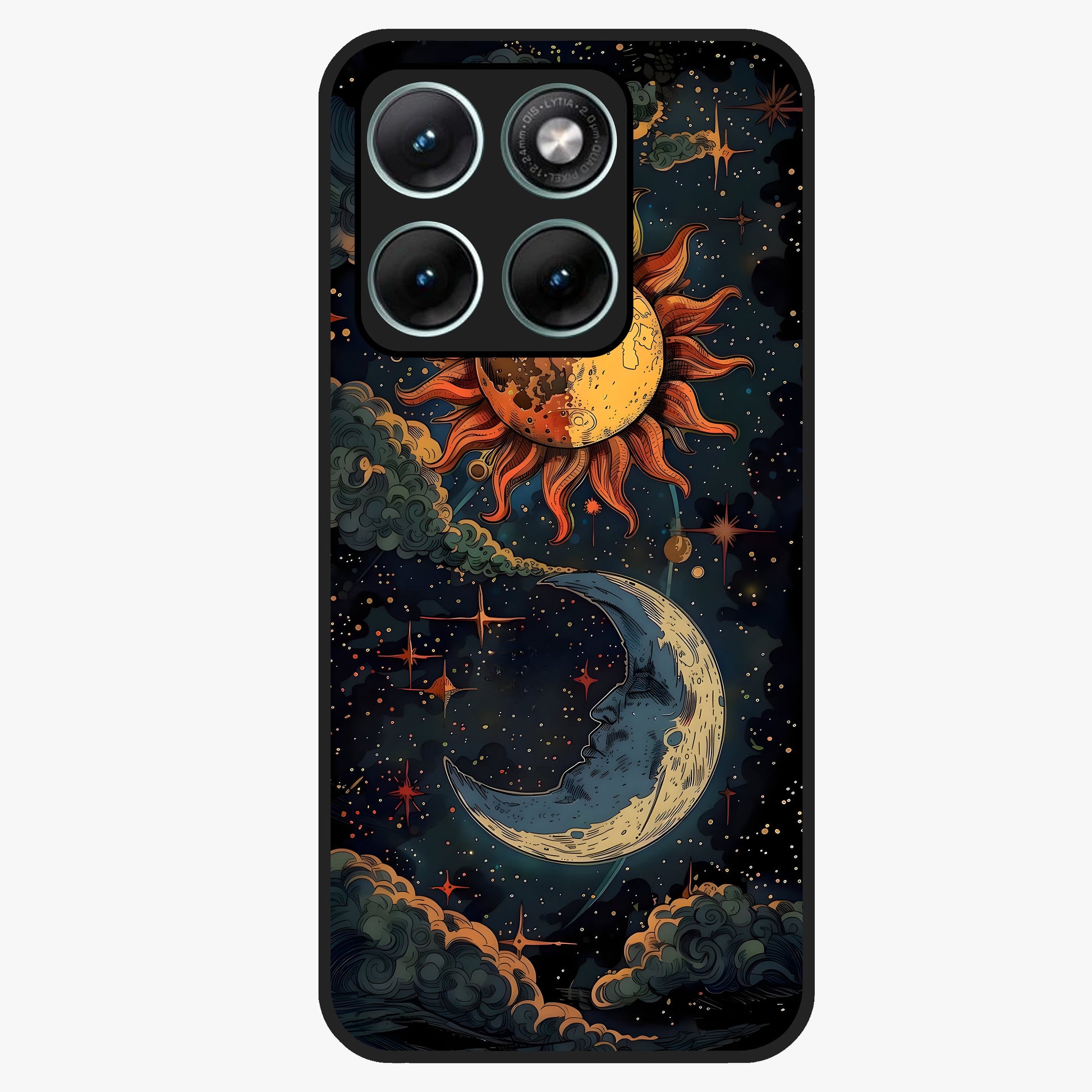 Sun And Moon Magic Design Glass Case showing flat back view with mystical sun and moon artwork and glossy glass finish.