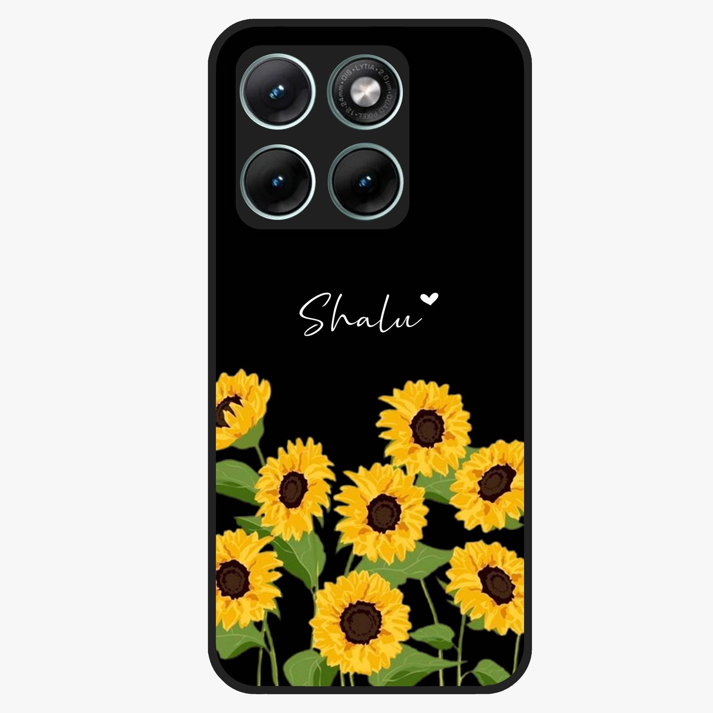 Sunflower Chic Mood Custom Name Glass Case showing flat back view with stylish sunflower artwork and personalized name design.