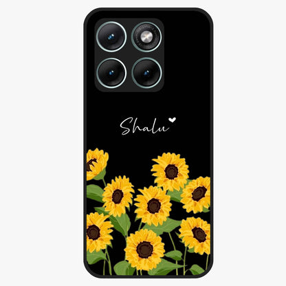 Sunflower Chic Mood Custom Name Glass Case showing flat back view with stylish sunflower artwork and personalized name design.