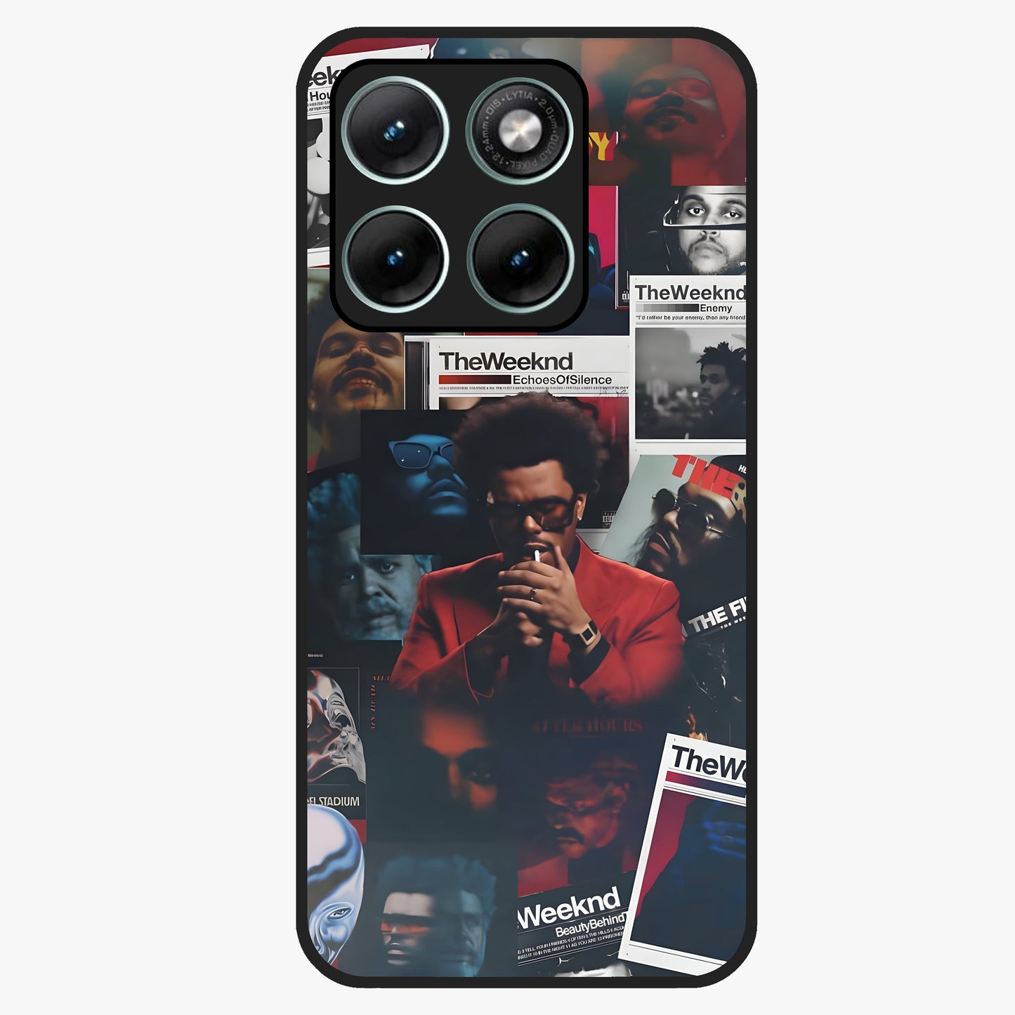 The Weeknd Glass Case showing flat back view with music inspired artistic portrait artwork and glossy glass finish.