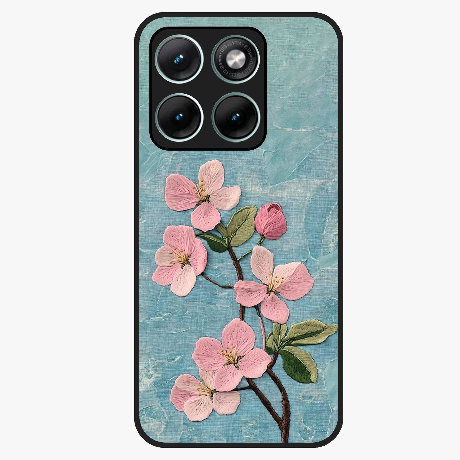 Threaded Blossom Breeze Glass Case showing flat back view with delicate blossom artwork and glossy glass finish.