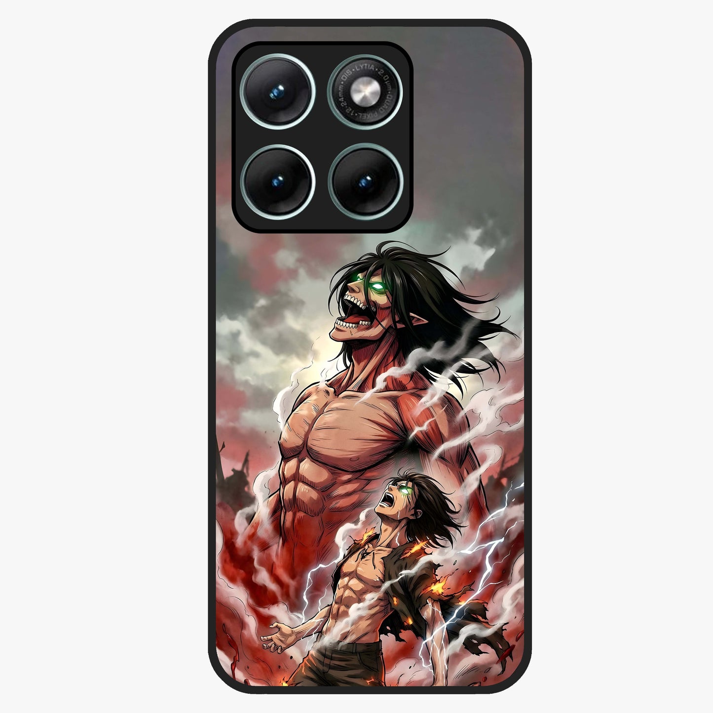 Titan Awakening Fury Glass Case showing flat back view with powerful titan inspired artwork and glossy glass finish.