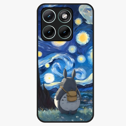 Totoro In Van Gogh Art Glass Case showing flat back view with whimsical character artwork inspired by Van Gogh style and glossy glass finish.