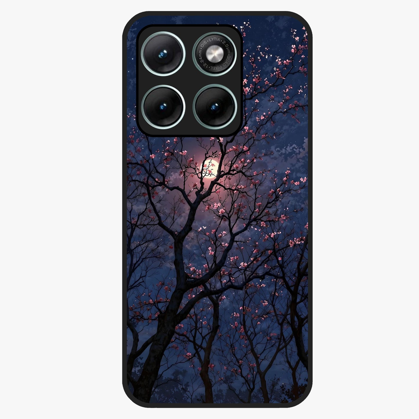 Twilight Sakura Serenade Glass Case showing flat back view with cherry blossom artwork at twilight and glossy glass finish.