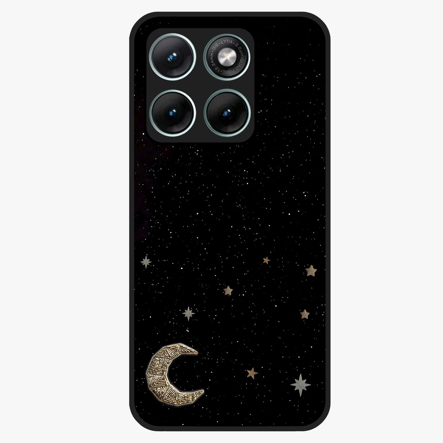 Twinkle Star With Half Moon Glass Case showing flat back view with star and half moon artwork and glossy glass finish.
