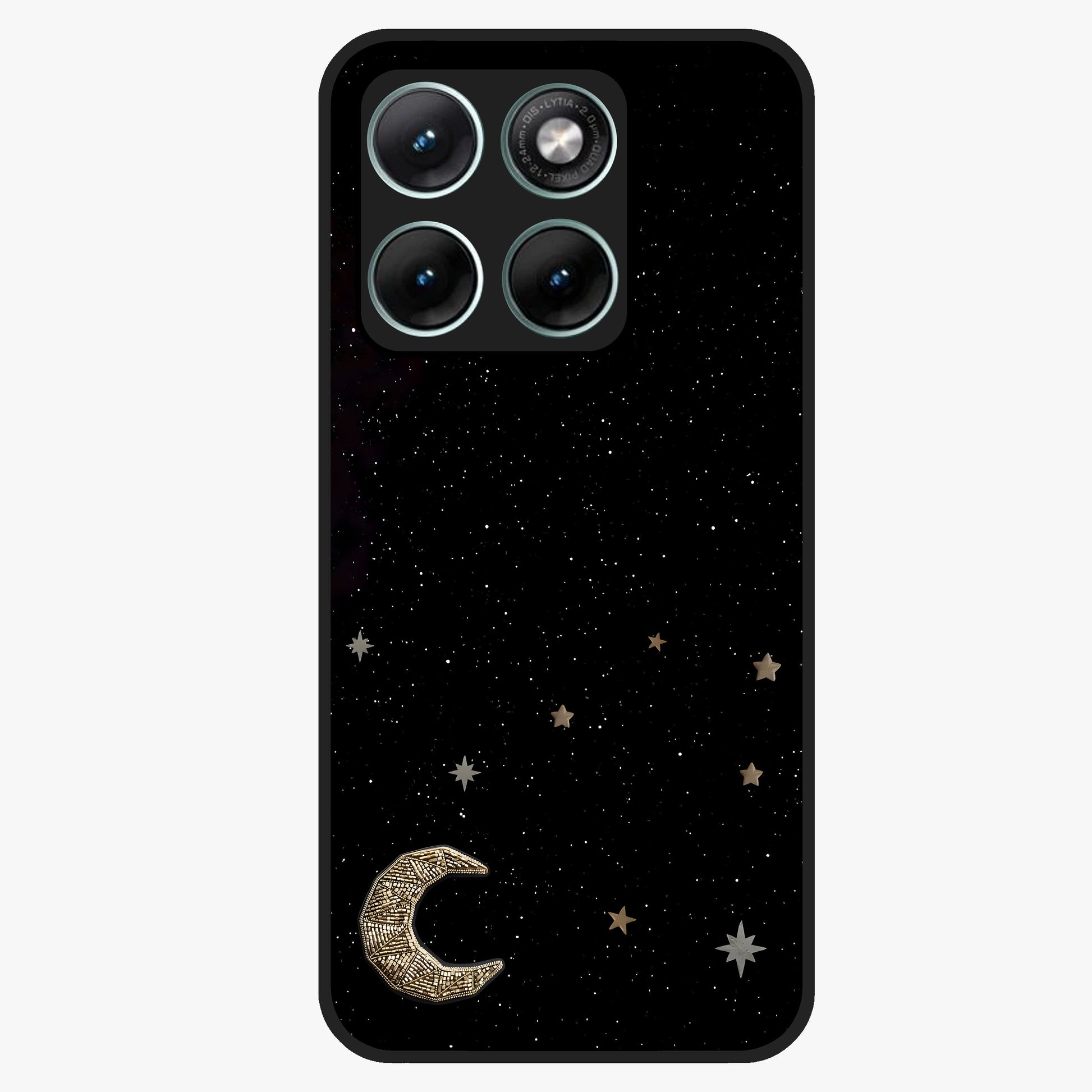 Twinkle Star With Half Moon Glass Case showing flat back view with star and half moon artwork and glossy glass finish.