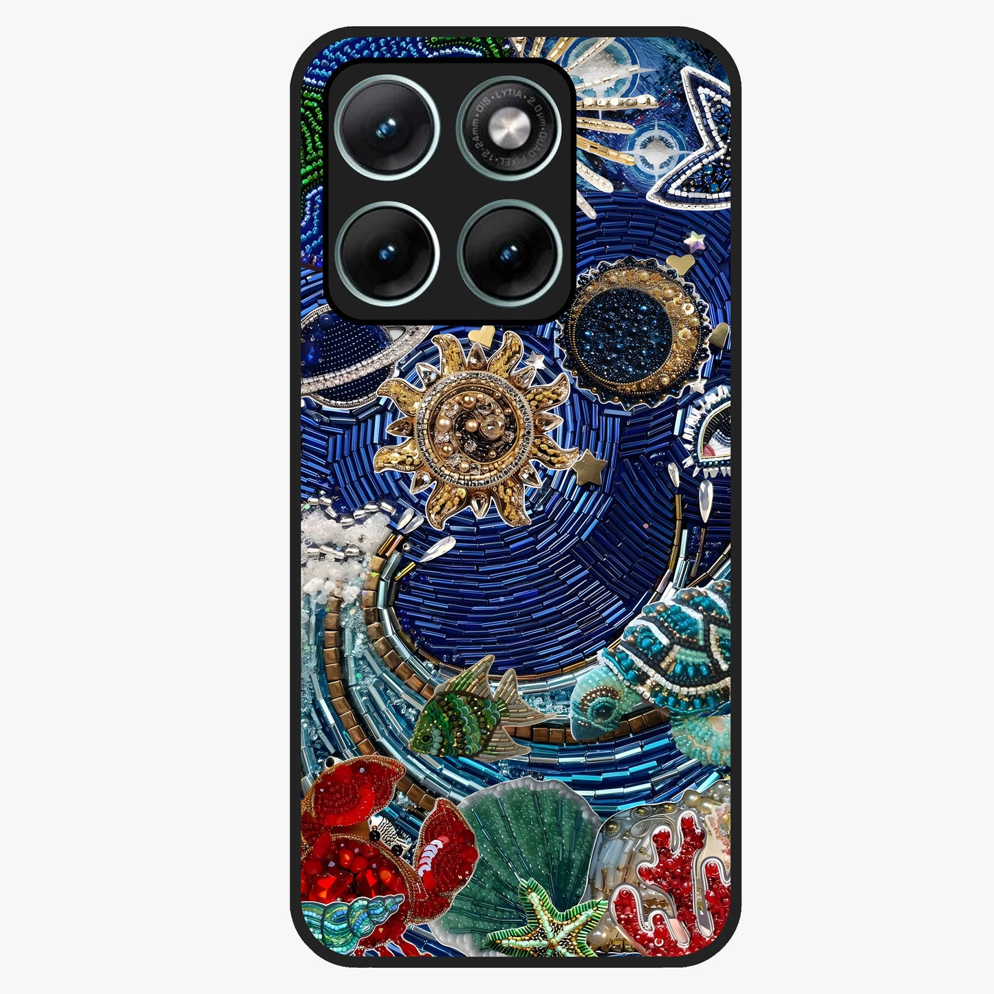Universe Underwater Spark Glass Case showing flat back view with cosmic underwater themed artwork and glossy glass finish.