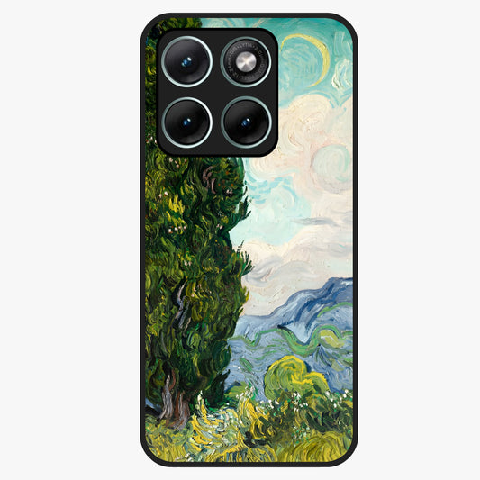 Van Gogh Vintage Art Glass Case showing flat back view with vintage painterly artwork inspired by Van Gogh style and glossy glass finish.