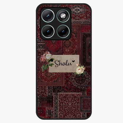 Velvet Wine Pattern Custom Name Glass Case showing flat back view with elegant wine colored pattern artwork and personalized name design.