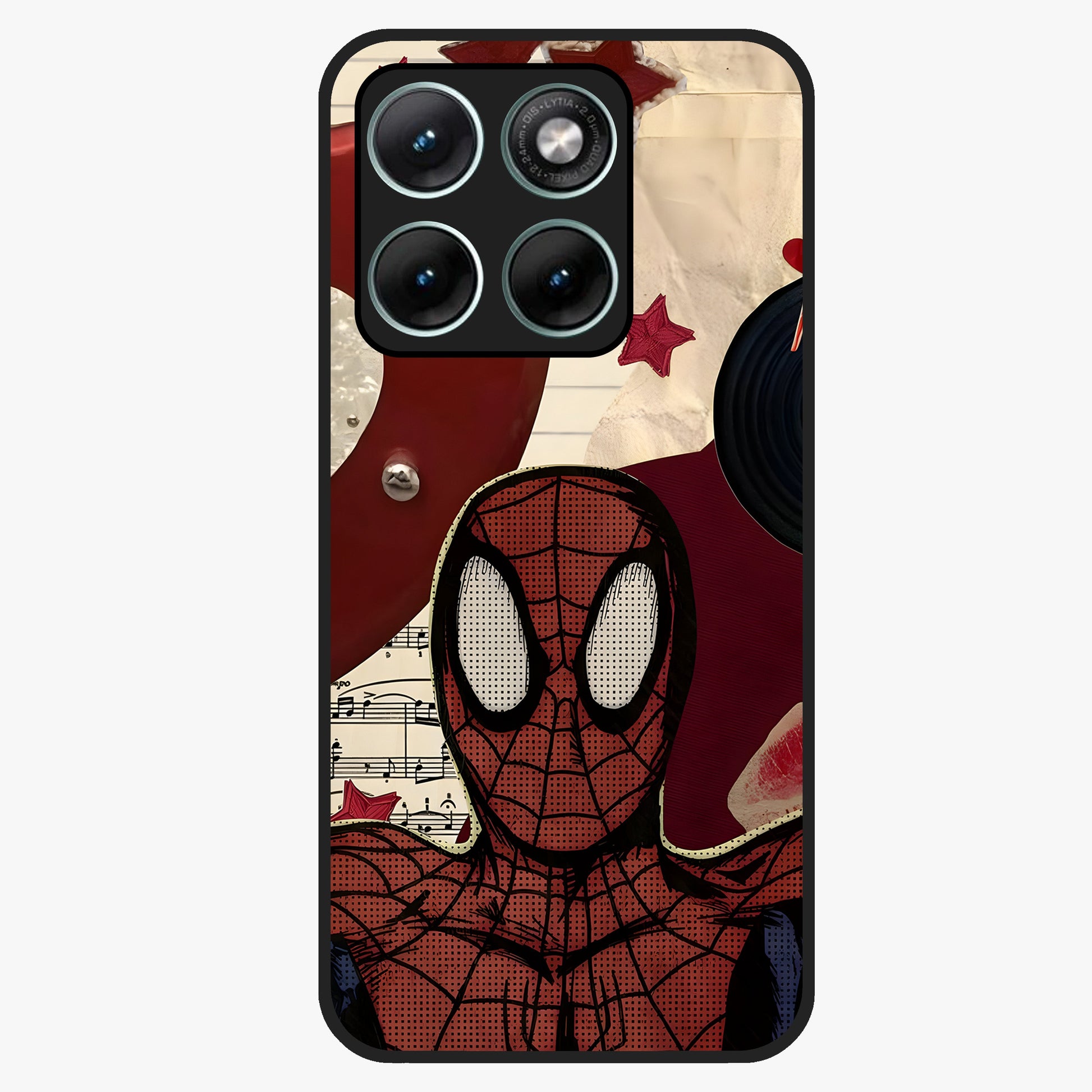 Web Warrior Vibes Glass Case showing flat back view with superhero inspired web themed artwork and glossy glass finish.