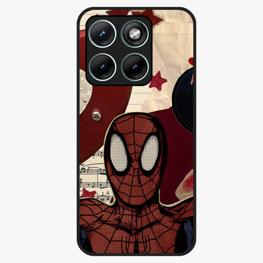 Web Warrior Vibes Glass Case showing flat back view with superhero inspired web themed artwork and glossy glass finish.