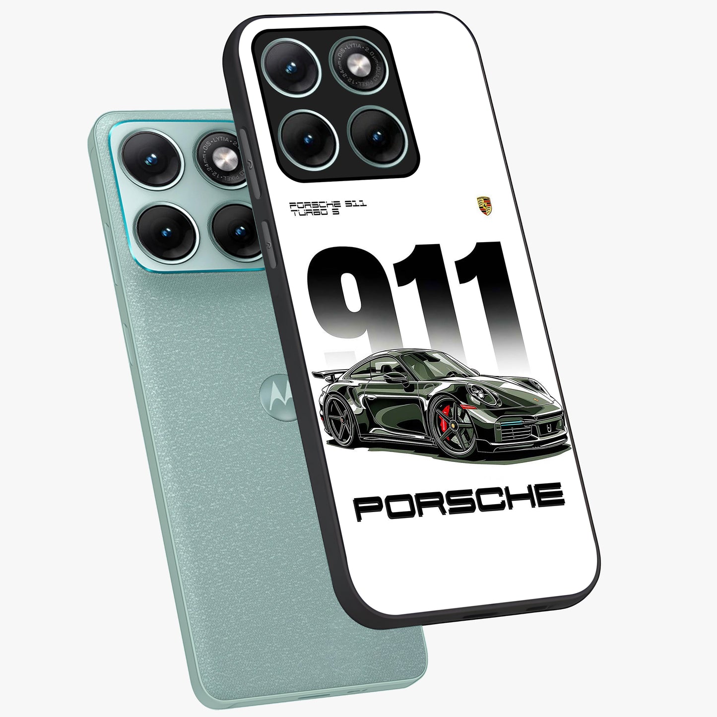 911 Turbo Dominance Glass Case displayed in premium angled mockup highlighting sporty car illustration and sleek glass surface.