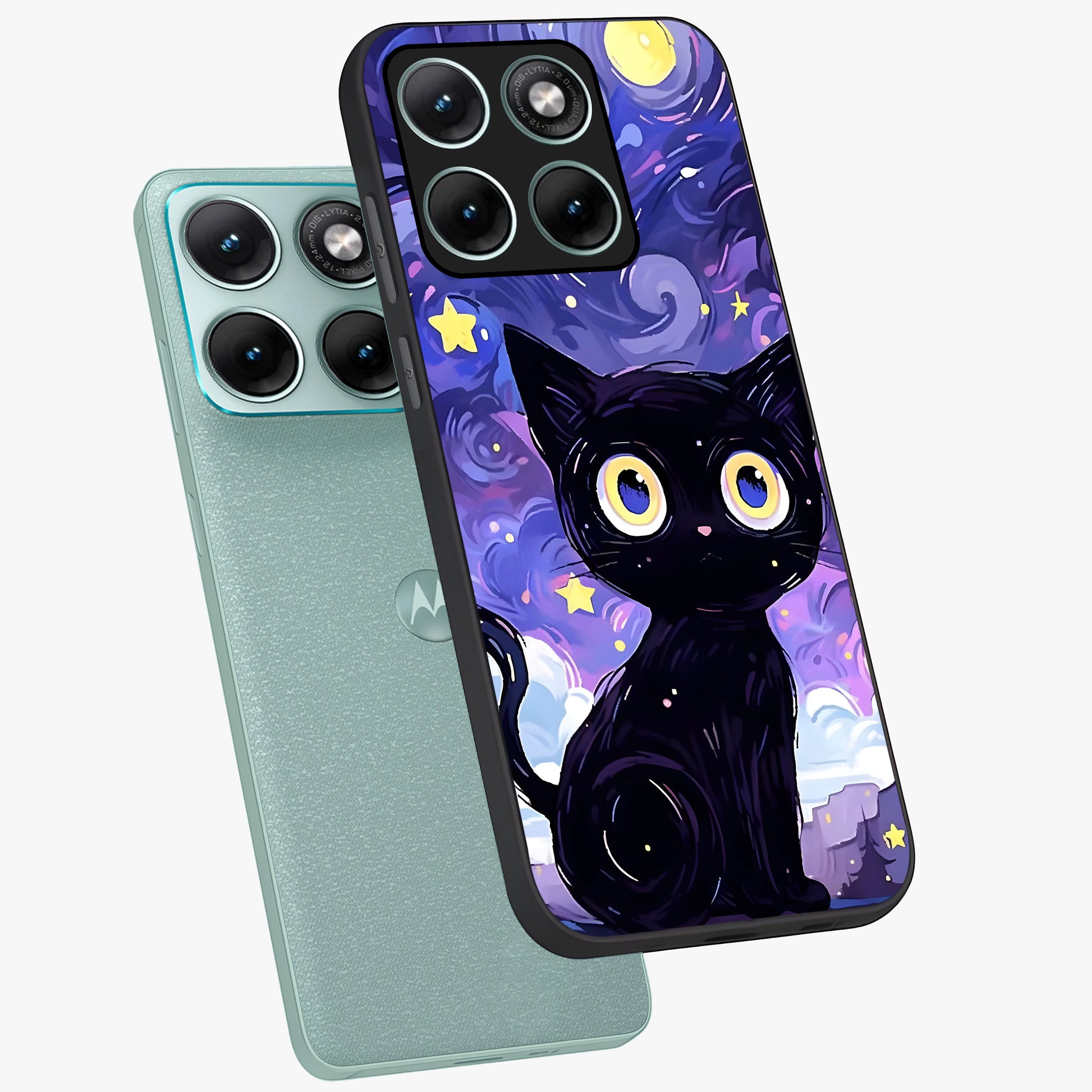 Abstract Cat Art Glass Case displayed in angled mockup highlighting modern abstract cat artwork and sleek glass surface.