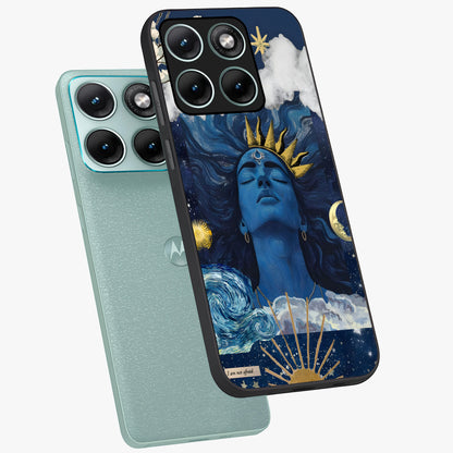 Aesthetic Lord Shiva Glass Case displayed in angled mockup highlighting spiritual Shiva illustration and sacred aesthetic design.