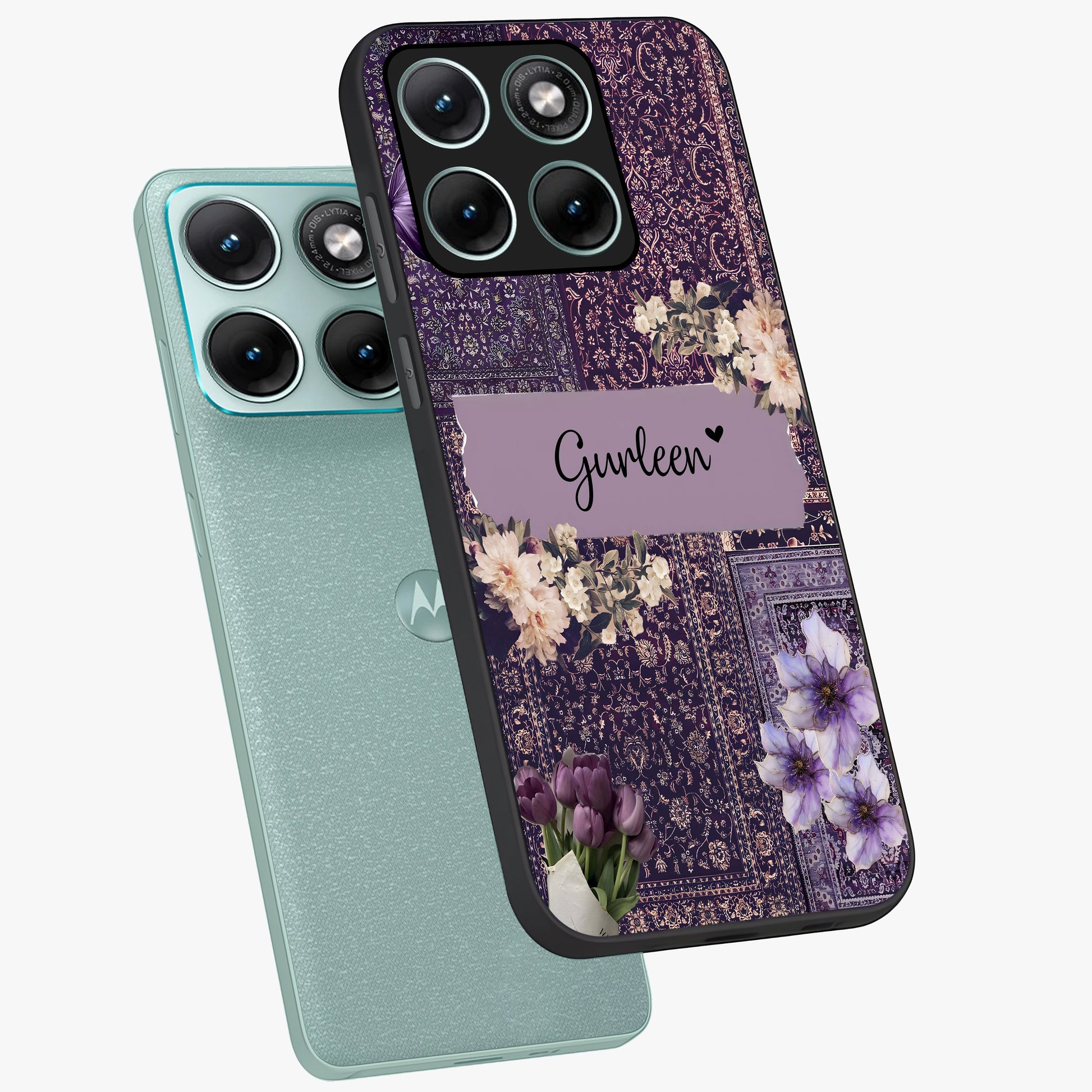 Antique Floral Whisper Custom Name Glass Case displayed in angled mockup highlighting elegant antique floral aesthetic.