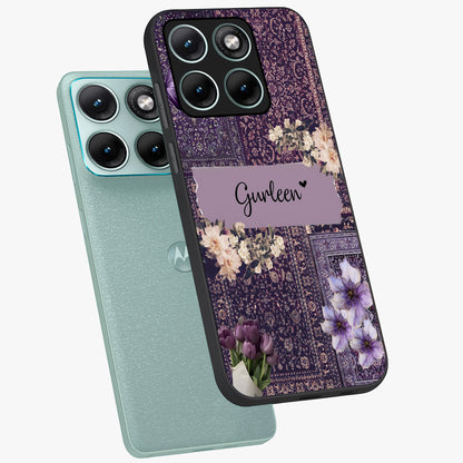Antique Floral Whisper Custom Name Glass Case displayed in angled mockup highlighting elegant antique floral aesthetic.