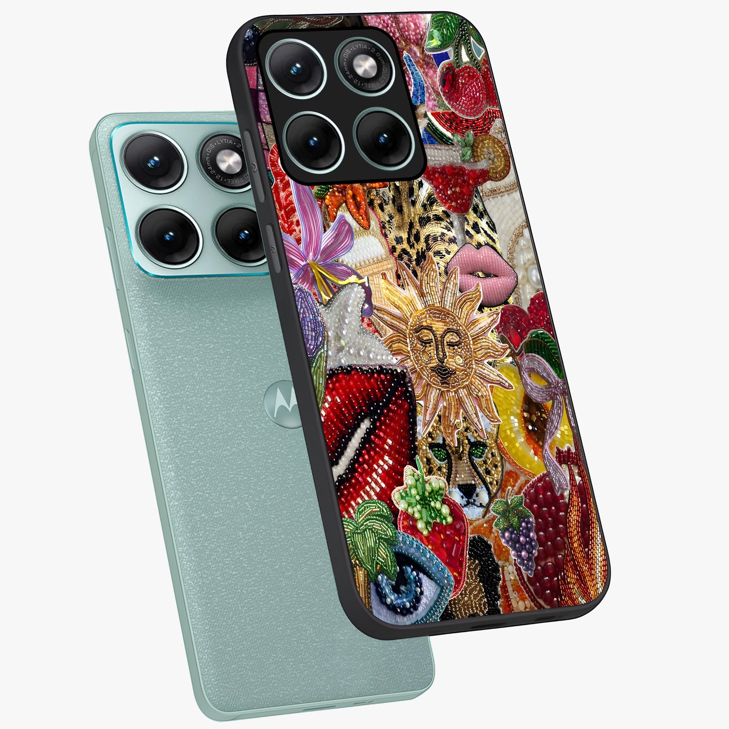 Beaded Fashion Jungle Glass Case displayed in angled mockup highlighting colorful fashion bead design and artistic pattern.