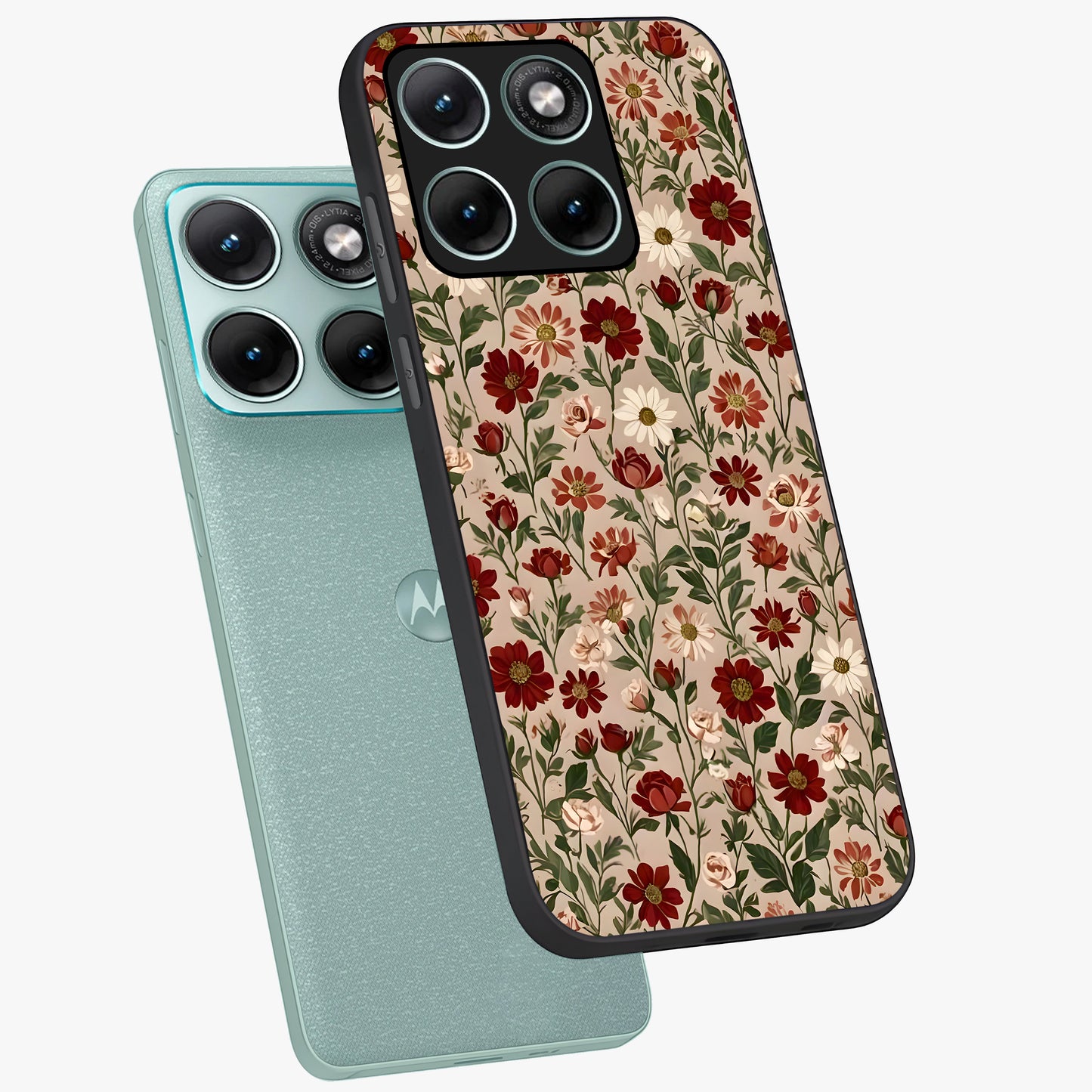 Biege Flower With Leaf Glass Case displayed in angled mockup highlighting minimal floral leaf design and elegant aesthetic.