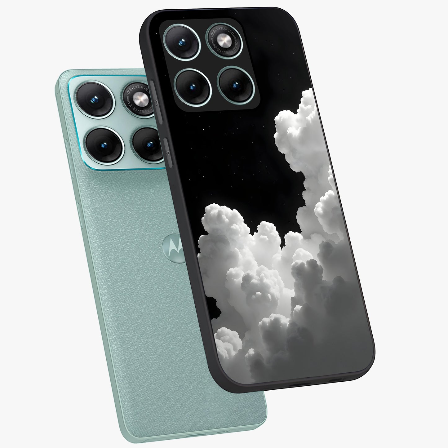 Black Background With White Cloud Glass Case displayed in angled mockup highlighting soft white cloud illustration and minimal design.