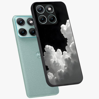 Black Background With White Cloud Glass Case displayed in angled mockup highlighting soft white cloud illustration and minimal design.
