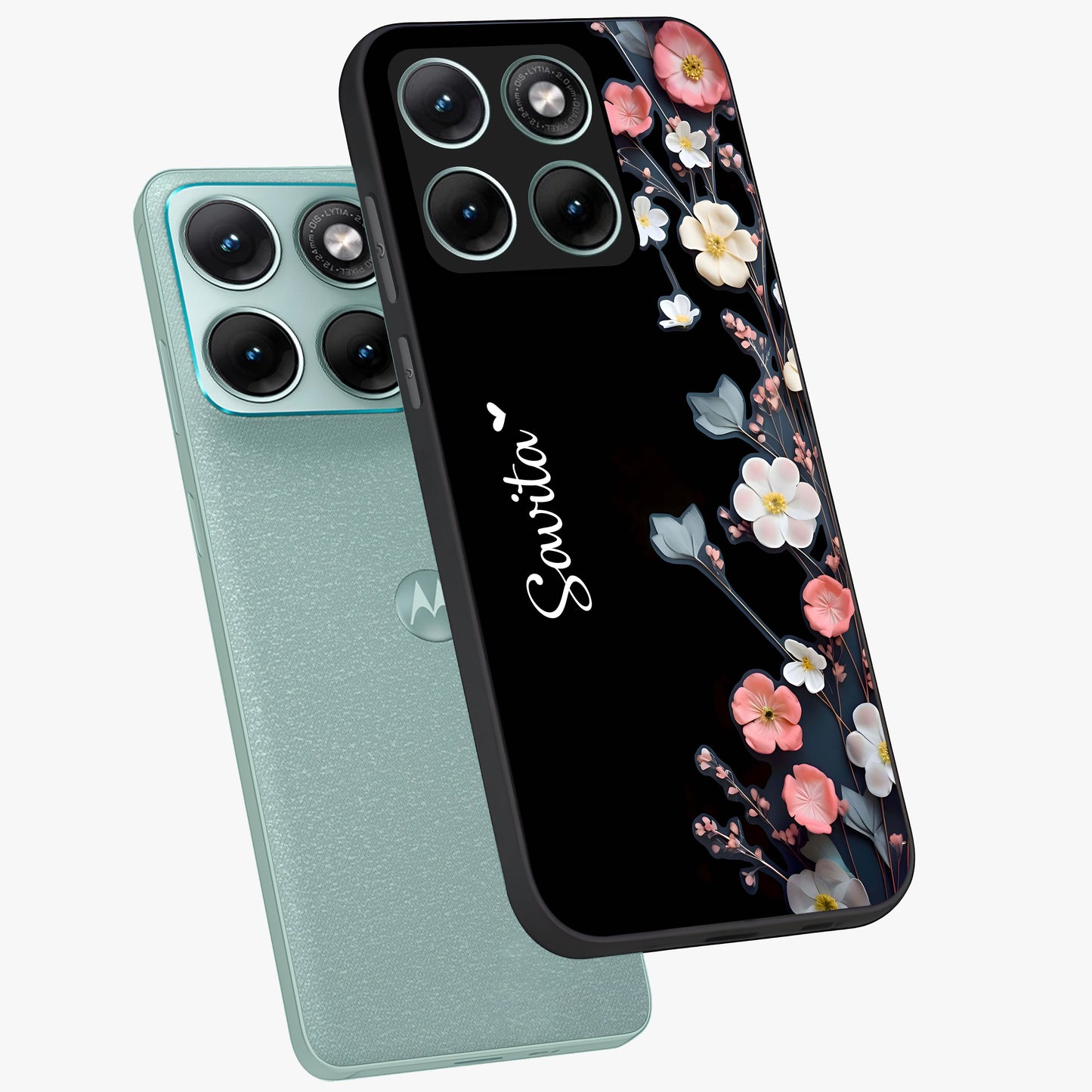 Black Elegance Floral Custom Name Glass Case displayed in angled mockup highlighting dark floral aesthetic and custom name feature.