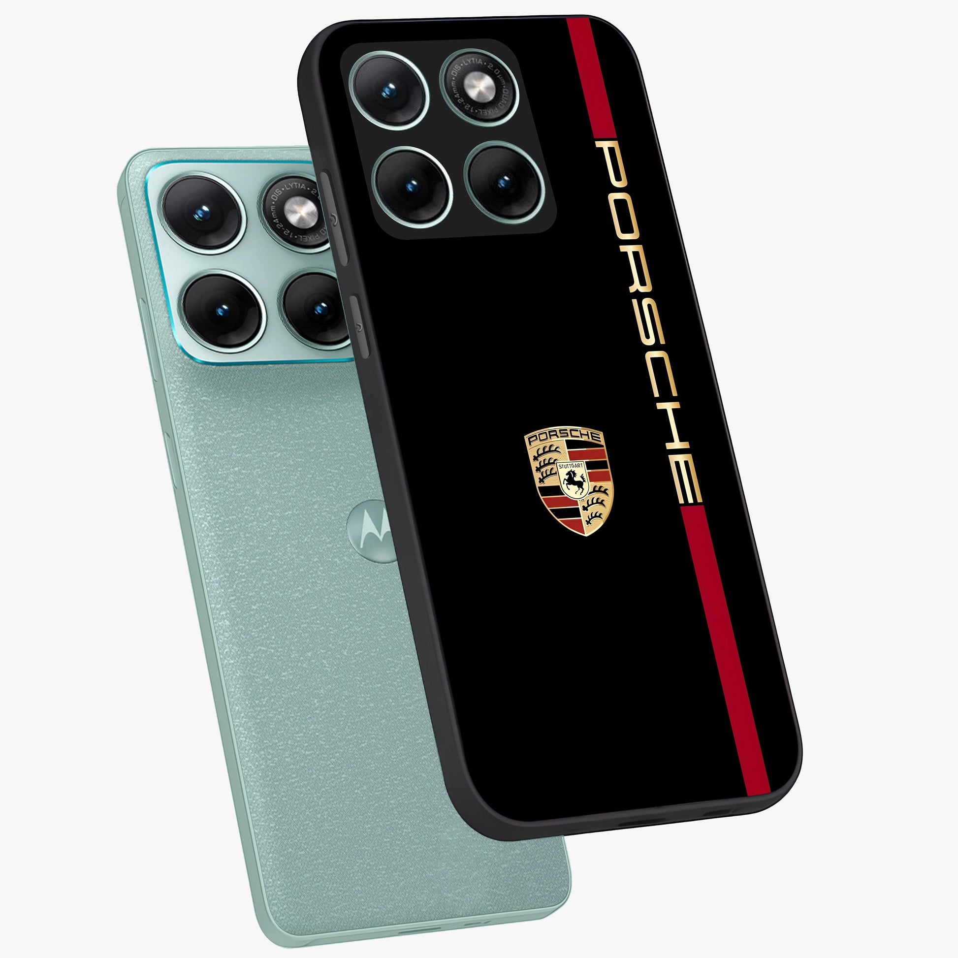 Black Minimal Porsche Glass Case displayed in angled mockup highlighting modern minimal car illustration and clean aesthetic design.