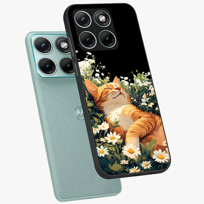 Blissful Bloom Cat Glass Case displayed in angled mockup highlighting playful feline illustration with soft floral aesthetic.