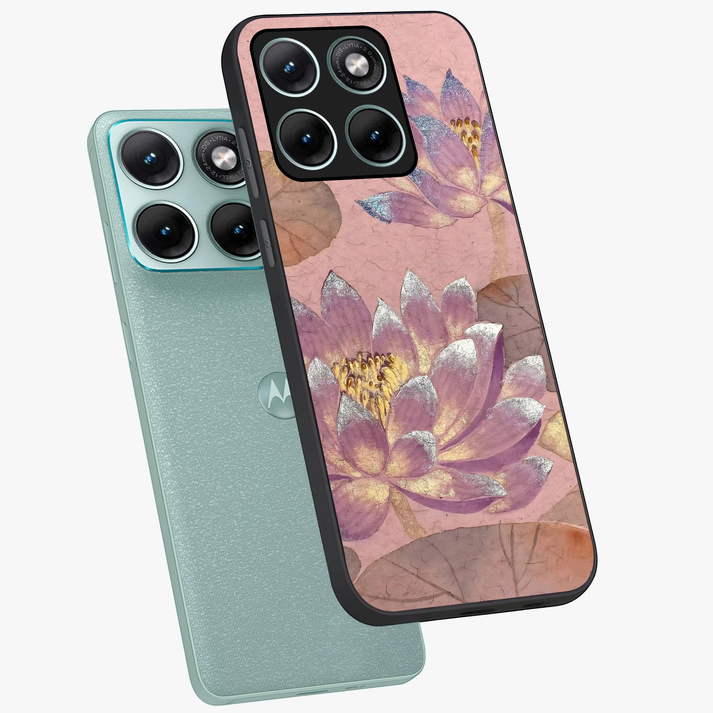 Blossom Mist Lotus Glass Case displayed in angled mockup highlighting delicate lotus illustration with calm aesthetic theme.