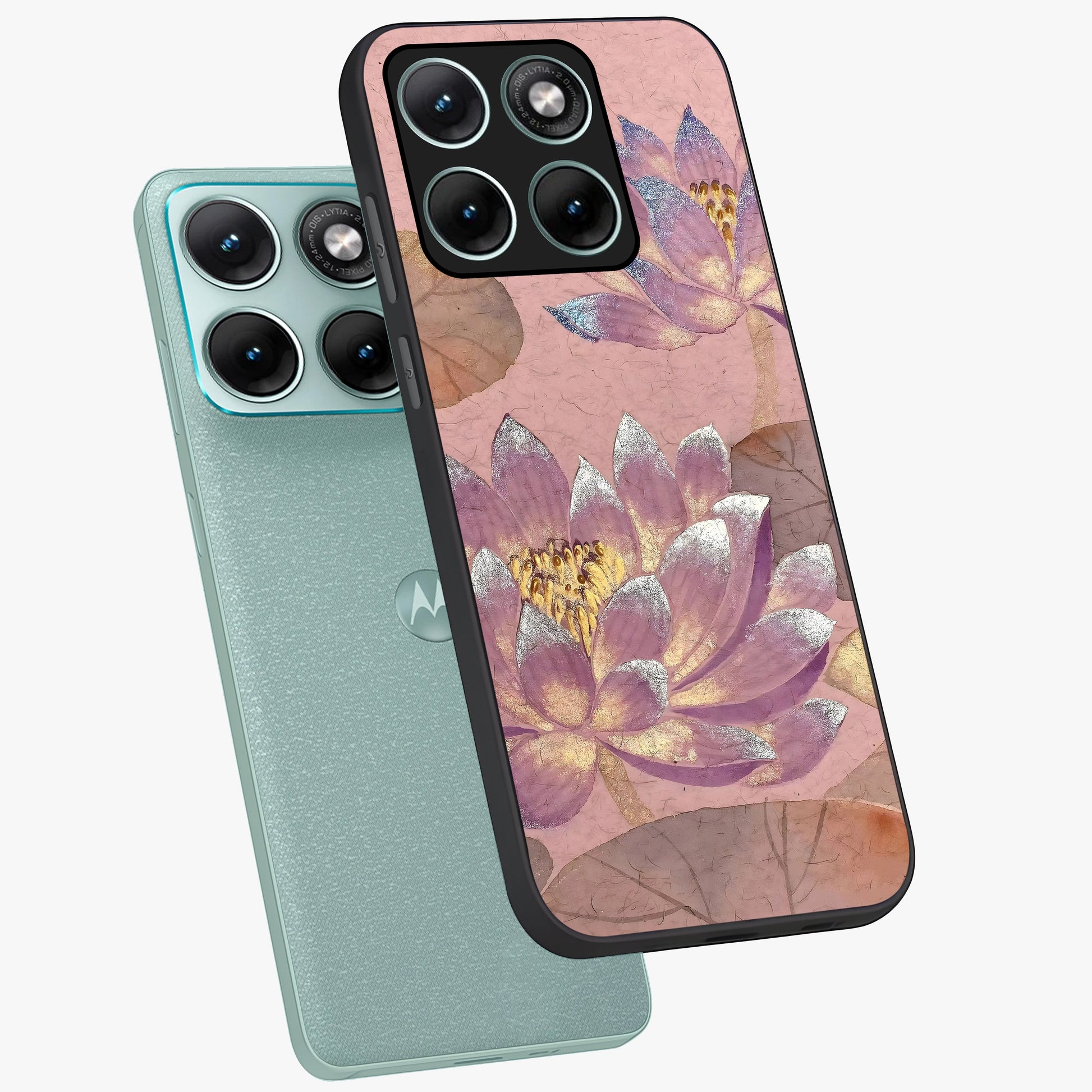 Blossom Mist Lotus Glass Case displayed in angled mockup highlighting delicate lotus illustration with calm aesthetic theme.