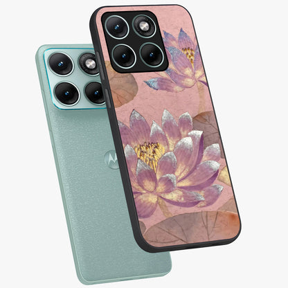 Blossom Mist Lotus Glass Case displayed in angled mockup highlighting delicate lotus illustration with calm aesthetic theme.