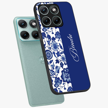 Blue Vintage Floral Pattern Glass Case displayed in angled mockup highlighting subtle bloom pattern with aesthetic pastel design.