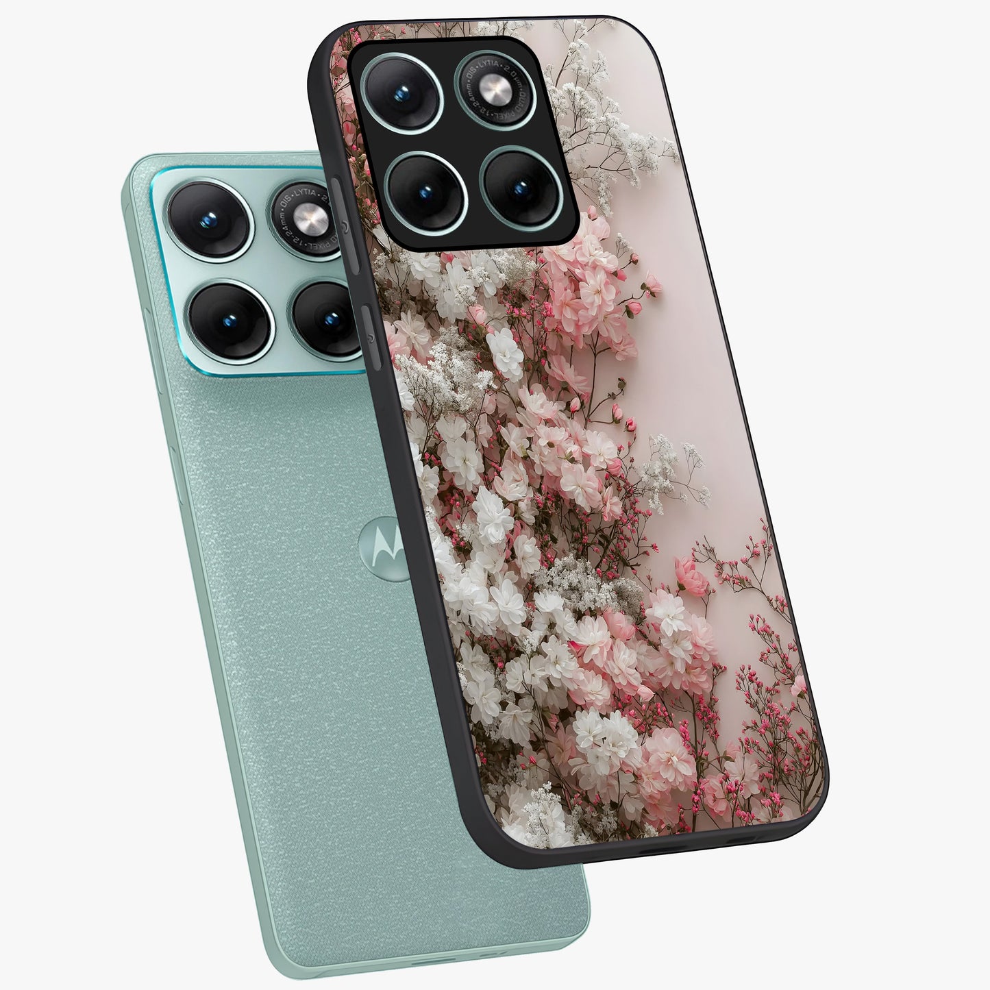 Blush Blossom Cloud Glass Case displayed in angled mockup highlighting soft cloud and blossom design with pastel aesthetic.