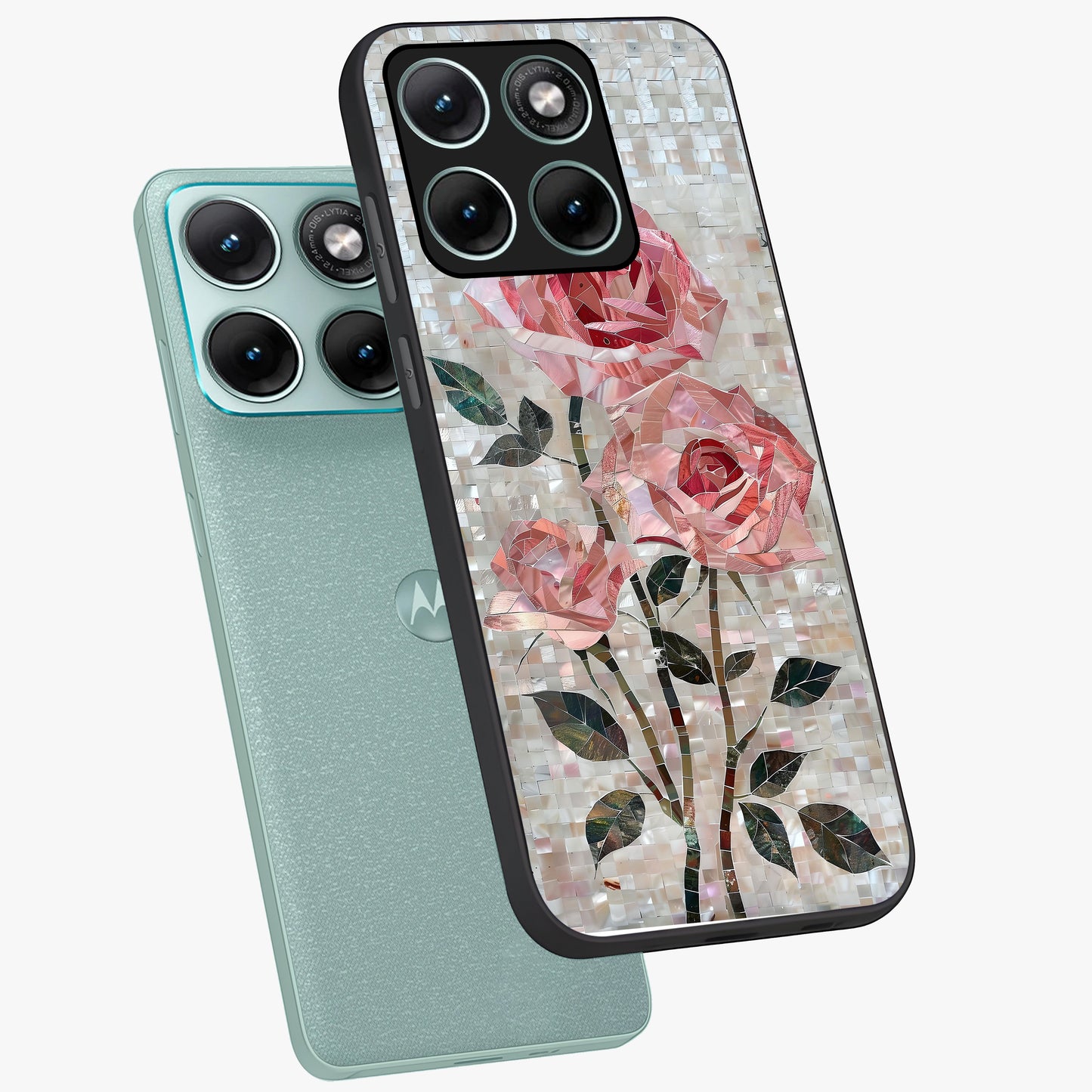 Blush Mosaic Bloom Glass Case displayed in angled mockup highlighting artistic mosaic flower pattern with aesthetic design.