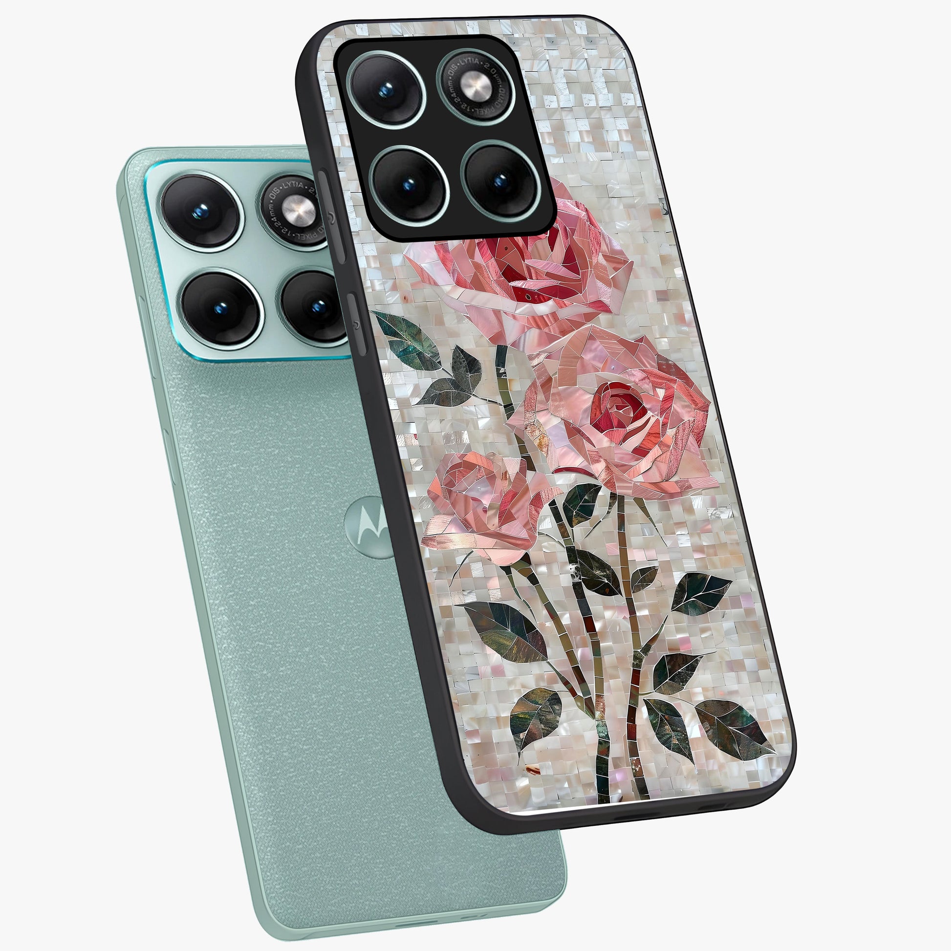 Blush Mosaic Bloom Glass Case displayed in angled mockup highlighting artistic mosaic flower pattern with aesthetic design.